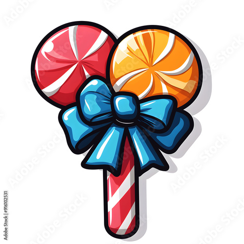 A candy cane with a blue ribbon and red and orange stripes