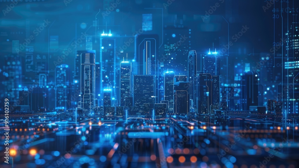Futuristic digital cityscape with glowing buildings and circuits at night Futuristic digital cityscape with glowing buildings and circuits at night