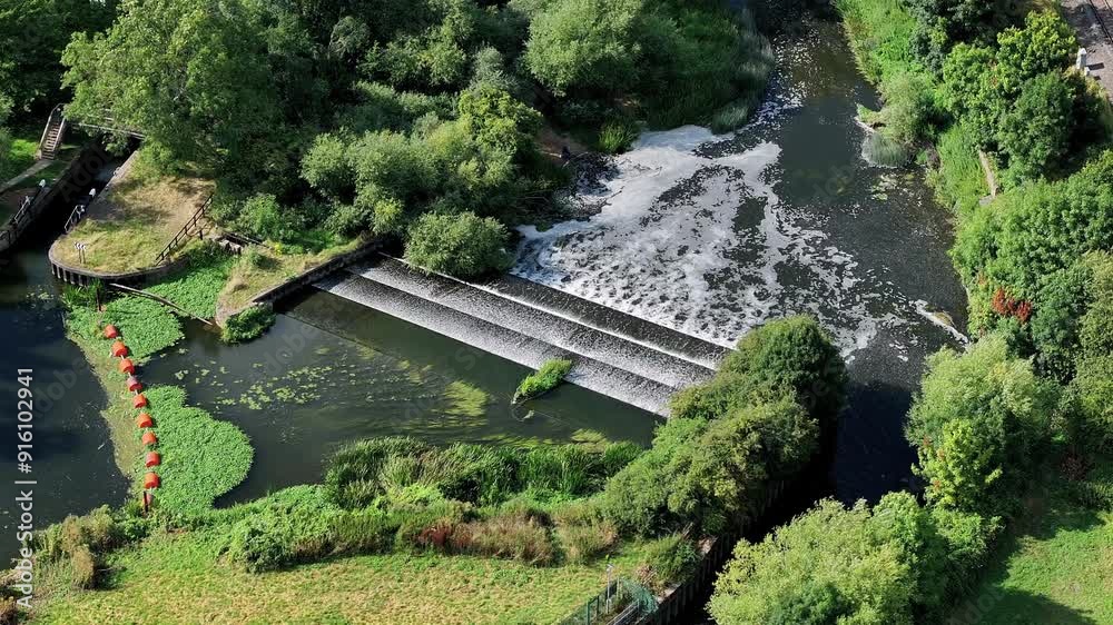River Weir Water Flow Aerial View River Weir Water Flow Aerial View