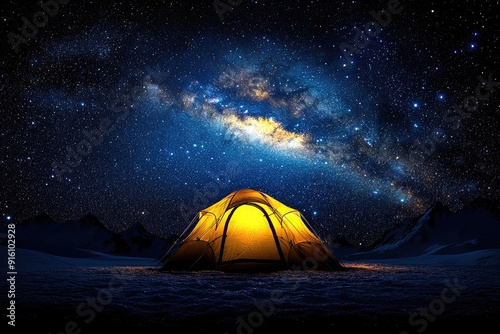 Illuminated Tent Under a Starry Sky with the Milky Way