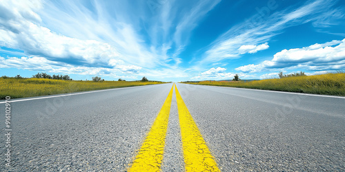 Empty Asphalt Road with Yellow Line and Green Landscape Under Blue Sky for Travel and Adventure Photography Themes photo