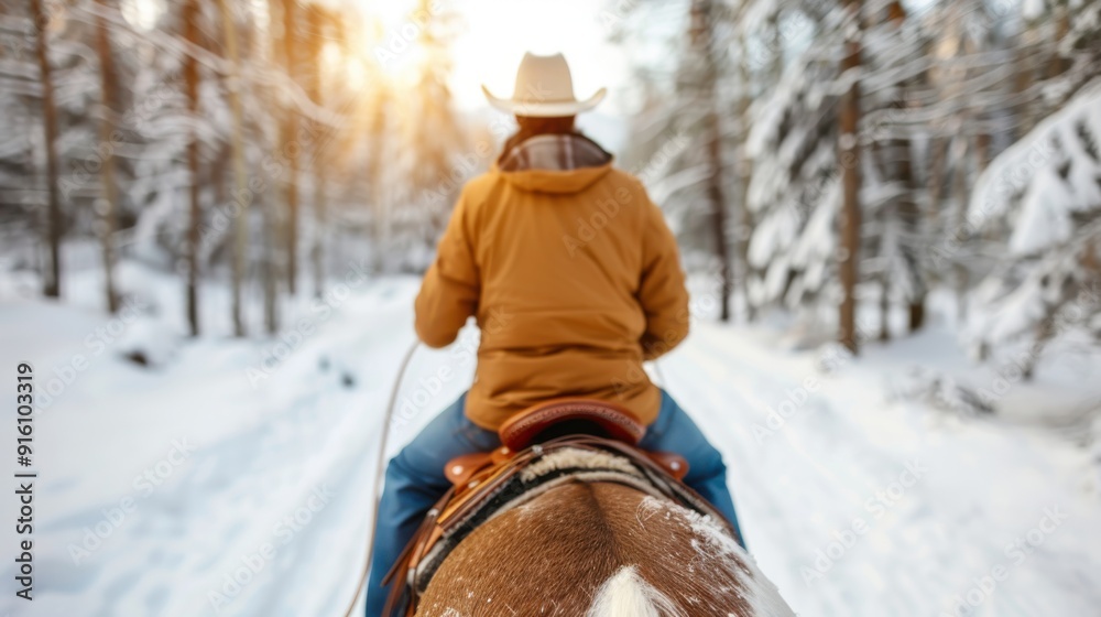 Fototapeta premium A cowboy in classic attire rides a horse through a snowy forest, capturing a moment of rugged adventure and connection with nature in a serene winter setting.