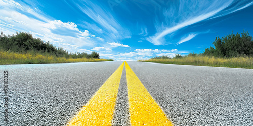Empty Asphalt Road with Yellow Line and Green Landscape Under Blue Sky for Travel and Adventure Photography Themes photo