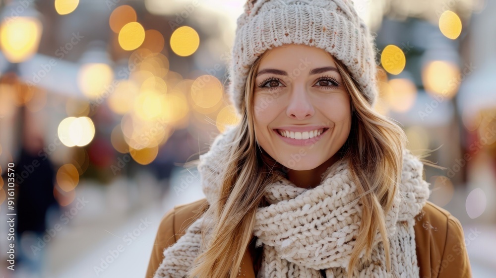 A woman dressed in winter attire, including a beanie, scarf, and jacket, stands outside in a setting adorned with glowing lights, radiating warmth and festive spirit. A woman dressed in winter attire, including a beanie, scarf, and jacket, stands outside in a setting adorned with glowing lights, radiating warmth and festive spirit.