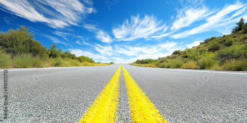 Empty Asphalt Road with Yellow Line and Green Landscape Under Blue Sky for Travel and Adventure Photography Themes photo