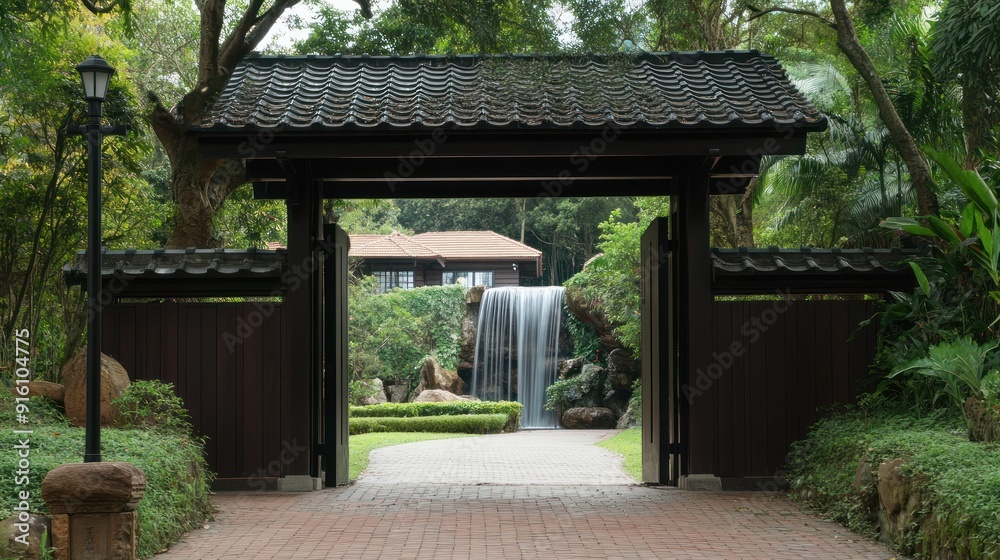 A traditional wooden gate with a small house and waterfall in the background. A traditional wooden gate with a small house and waterfall in the background.