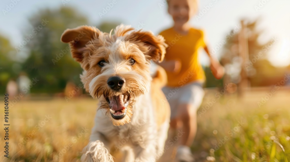 A lively dog running directly towards the camera in a park, with a child in the background, capturing the spirit of play, energetic joy, and the happiness of outdoor activities. A lively dog running directly towards the camera in a park, with a child in the background, capturing the spirit of play, energetic joy, and the happiness of outdoor activities.