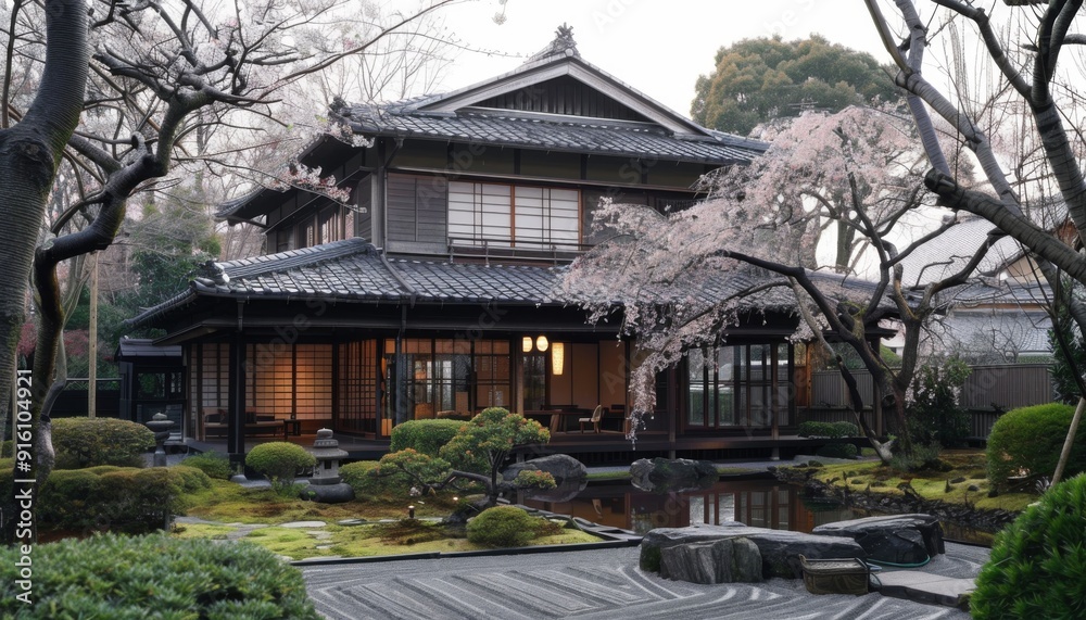 Traditional japanese front yard with a garden in front, featuring blooming sakura tree Traditional japanese front yard with a garden in front, featuring blooming sakura tree