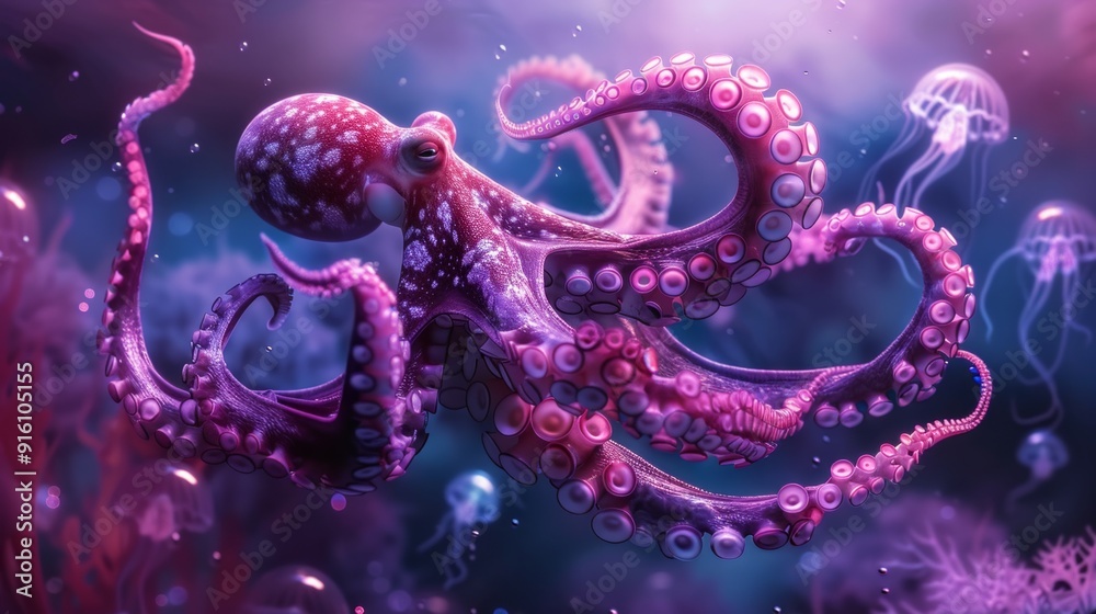 Fototapeta premium Vibrant underwater scene with a colorful octopus. Stunning digital artwork showcases marine life in vivid detail. Perfect for educational and artistic purposes. AI