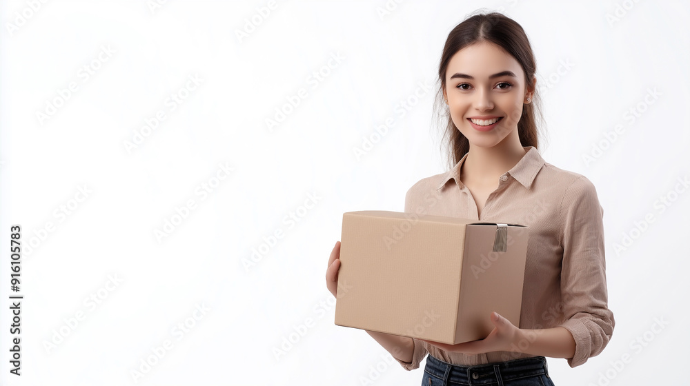 Smiling Woman Holding a Cardboard Box for Delivery and Packaging Themes in White Background Photography Smiling Woman Holding a Cardboard Box for Delivery and Packaging Themes in White Background Photography