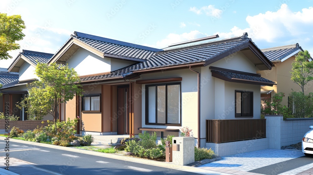 A Japanese-style home with a grey tiled roof, surrounded by lush greenery and a paved driveway. A Japanese-style home with a grey tiled roof, surrounded by lush greenery and a paved driveway.