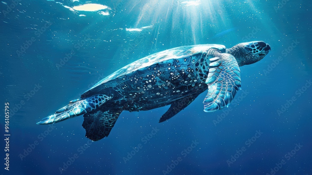 Fototapeta premium Sea turtle swimming gracefully underwater, illuminated by sunlight