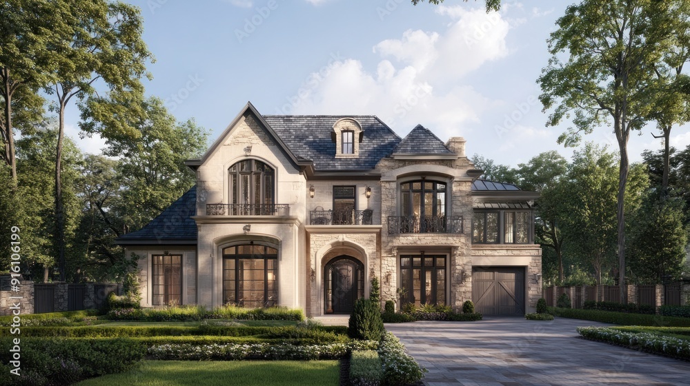 A luxurious, French-style home with a stone facade, black windows, and a large front yard with a paved driveway. A luxurious, French-style home with a stone facade, black windows, and a large front yard with a paved driveway.