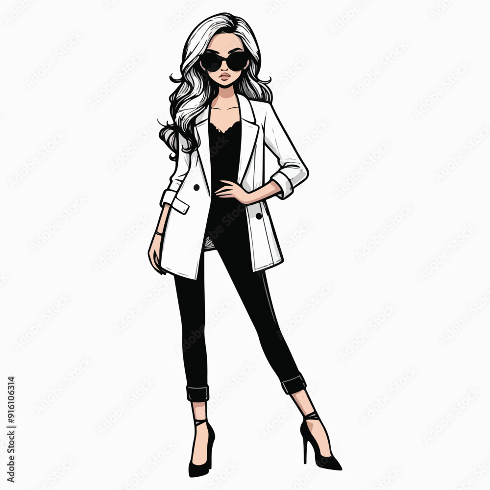 Young successful girl in a stylish white jacket and black sunglasses, black pants, black heels, fashion girl, beautiful woman in a white outfit, white background Young successful girl in a stylish white jacket and black sunglasses, black pants, black heels, fashion girl, beautiful woman in a white outfit, white background