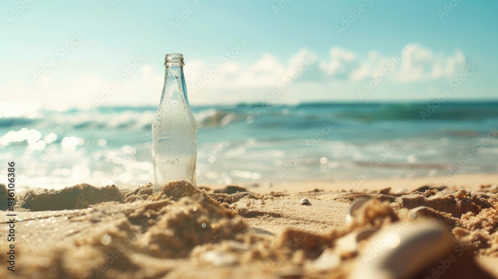Glass bottle on sandy beach by ocean waves at sunrise Glass bottle on sandy beach by ocean waves at sunrise