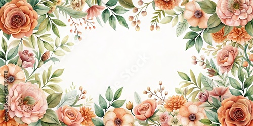 Fototapeta Naklejka Na Ścianę i Meble -  Watercolor floral frame with blush pink and rust orange flowers and greenery in muted pastel colors, watercolor