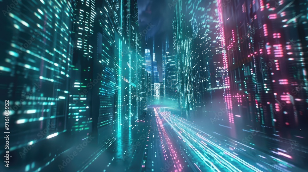 Neon Cityscape with Blurred Lights and Fog Neon Cityscape with Blurred Lights and Fog