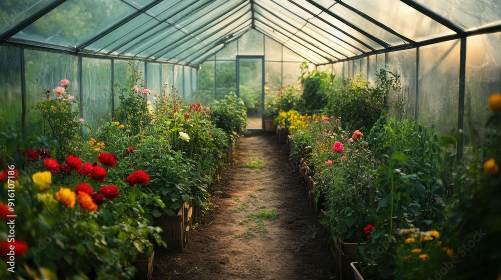 Rows of colorful flowers grow in a greenhouse with wooden planters and a dirt path in the middle. Rows of colorful flowers grow in a greenhouse with wooden planters and a dirt path in the middle.