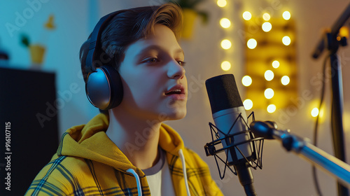 Young Man Recording in Studio with Microphone and Headphones for Music and Podcast Photography Themes photo