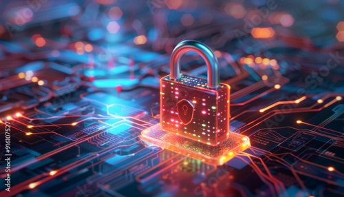 A padlock with glowing neon lights circuitry with cyber security concept.