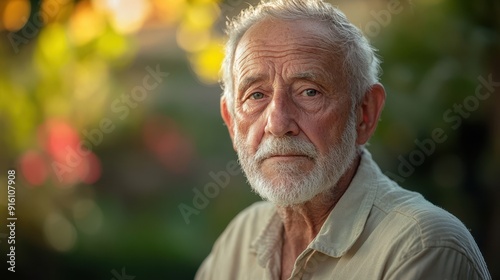 Elderly man in a garden, looking confused but peaceful