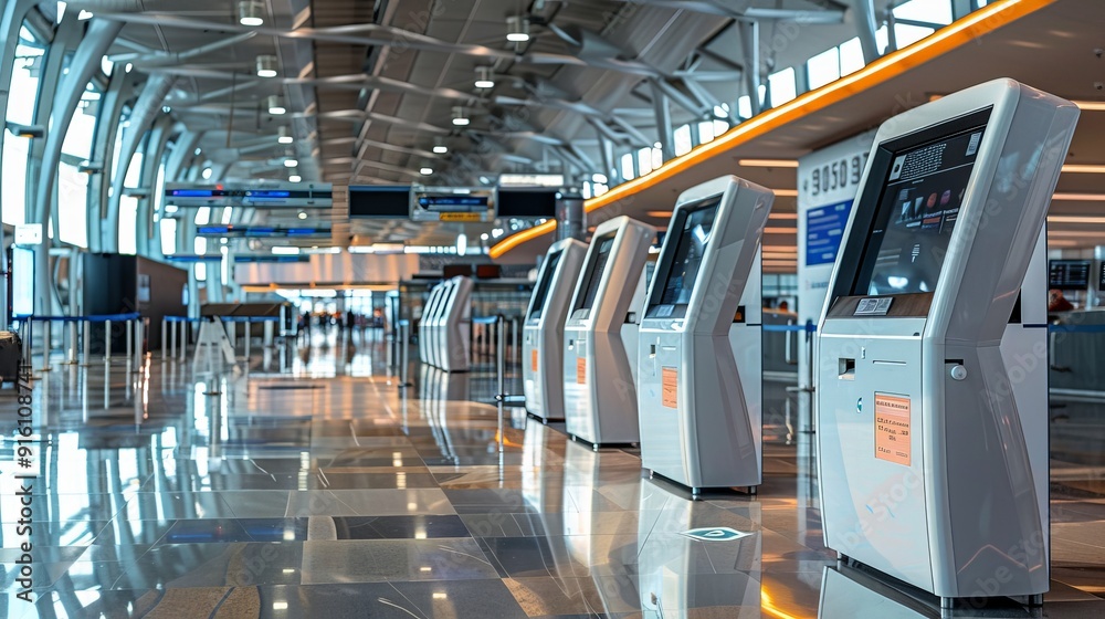 Obraz premium Imagine the efficiency of a modern airport's automated check-in kiosks, where passengers swiftly handle their boarding passes and luggage tags.