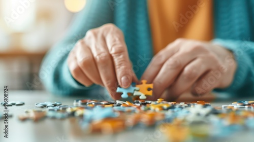 Close-up of hands carefully placing a piece in a jigsaw puzzle, showcasing concentration and patience in a well-lit indoor setting with colorful pieces scattered around.
