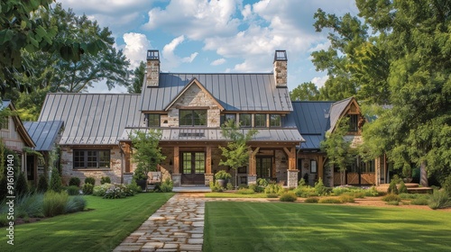 Imagine the rustic charm of a farmhouse exterior nestled in a pastoral setting. Write about barn-inspired doors, metal roof accents, and how rural influences blend with 