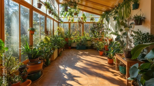 Sunlit greenhouse with lush green plants and wooden ceiling, casting shadows on tiled floor.