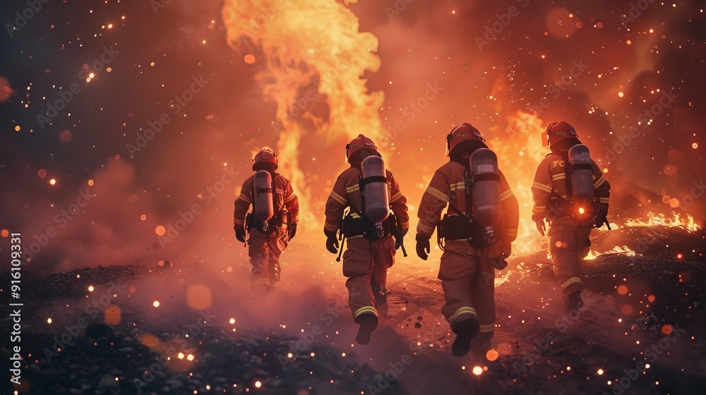 Fototapeta premium In a cinematic image, five firefighters stride confidently towards a small fire composed of digital particles and grids. The scene emphasizes their bravery and the modern
