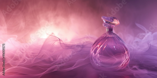 Glass Perfume Bottle on a Pink and Purple Smoke Background.