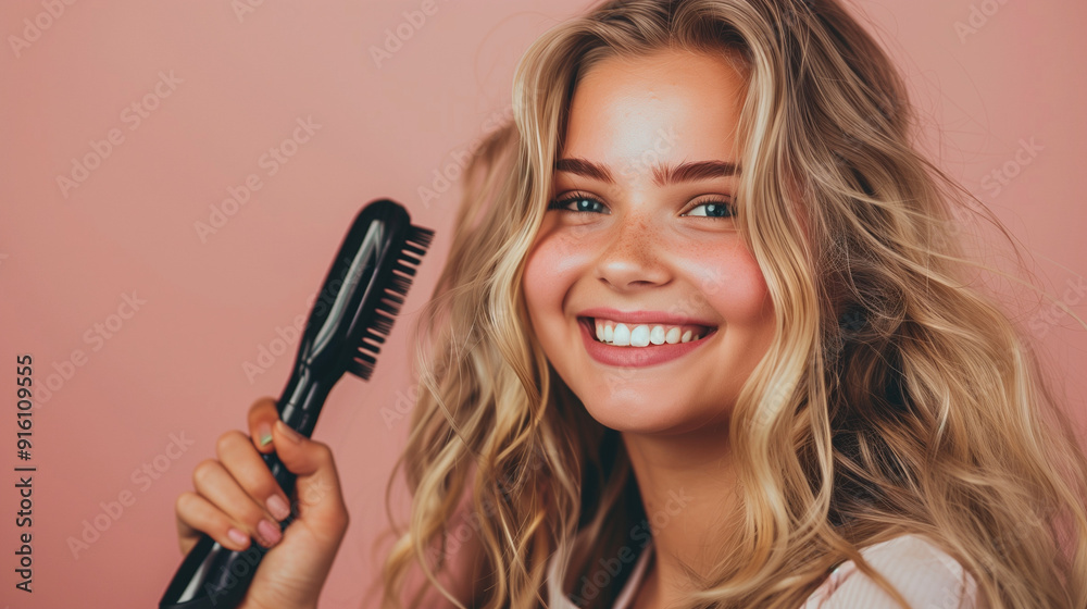 A smiling young woman holding a hairbrush against a pink background. A smiling young woman holding a hairbrush against a pink background.