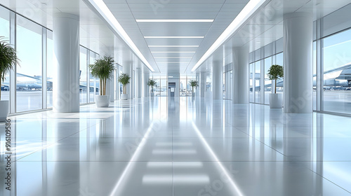 Modern airport terminal hallway with bright lighting.