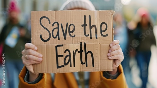 Hands hold up a cardboard sign reading 'Save the Earth,' conveying a clear, powerful message about environmental activism and the urgent need for conservation efforts.