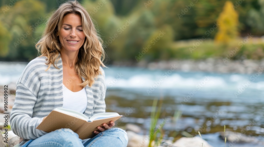 A woman enjoys reading a book while sitting by the riverside in a peaceful natural setting, surrounded by trees and flowing water, symbolizing calm and relaxation. A woman enjoys reading a book while sitting by the riverside in a peaceful natural setting, surrounded by trees and flowing water, symbolizing calm and relaxation.
