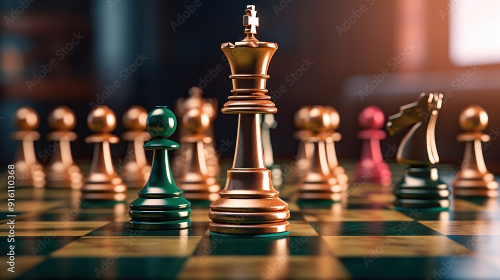 Chess pieces on a board, a green pawn standing in front of the golden king Chess pieces on a board, a green pawn standing in front of the golden king