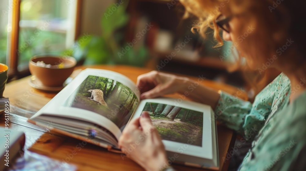 Leafing through a table book about wildlife conservation efforts, showcasing endangered species and conservation success stories. Leafing through a table book about wildlife conservation efforts, showcasing endangered species and conservation success stories.