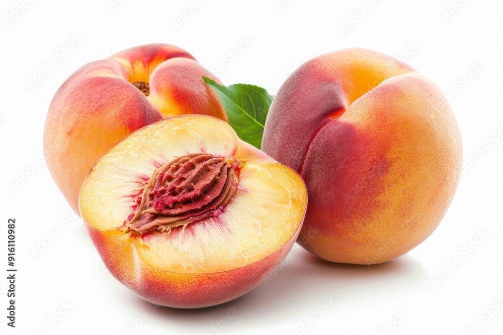 peach fruits, wholes and cut in half, on a clean white background, close-up shot peach fruits, wholes and cut in half, on a clean white background, close-up shot