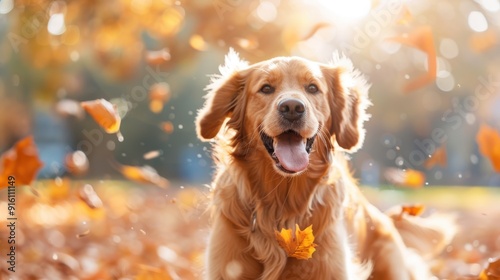 A happy dog sits among falling autumn leaves, enjoying the golden light and colorful surroundings. The scene is vibrant and full of joy as the dog playfully engages with nature. photo