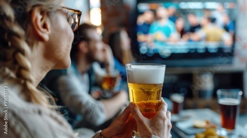 Patrons in a bar are enjoying drinks and watching TV. The scene captures a vibrant social setting with glasses and a TV screen showing a popular show or game in the background. photo