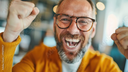 A man in glasses and a yellow sweater, showing a very excited and happy expression, with his fists clenched in celebration, highlighting a sense of achievement.