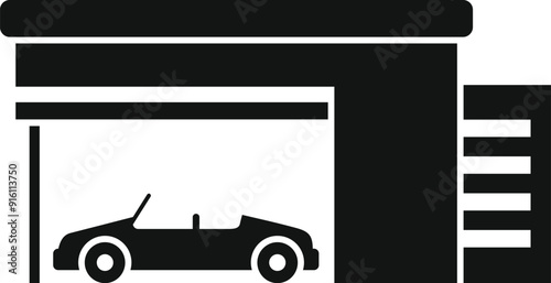 Black silhouette of cabriolet car parking in garage, icon in flat style