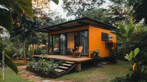 Small yellow cabin in a tropical jungle with a wooden deck and a single chair.