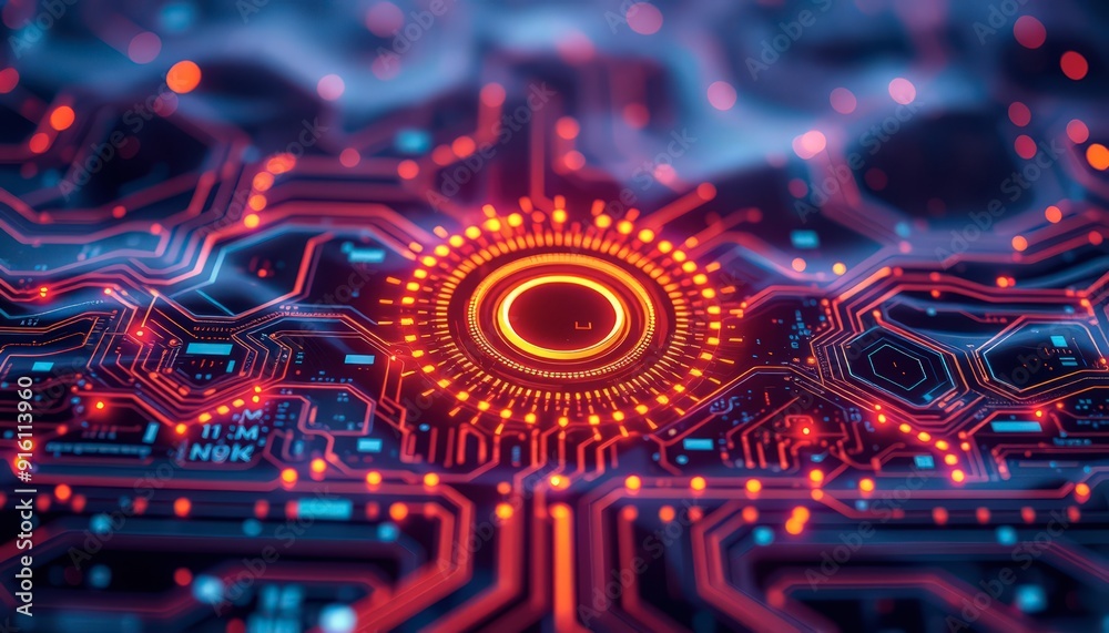 Abstract Technology Circuit Board with Red and Blue Lights. Abstract Technology Circuit Board with Red and Blue Lights.