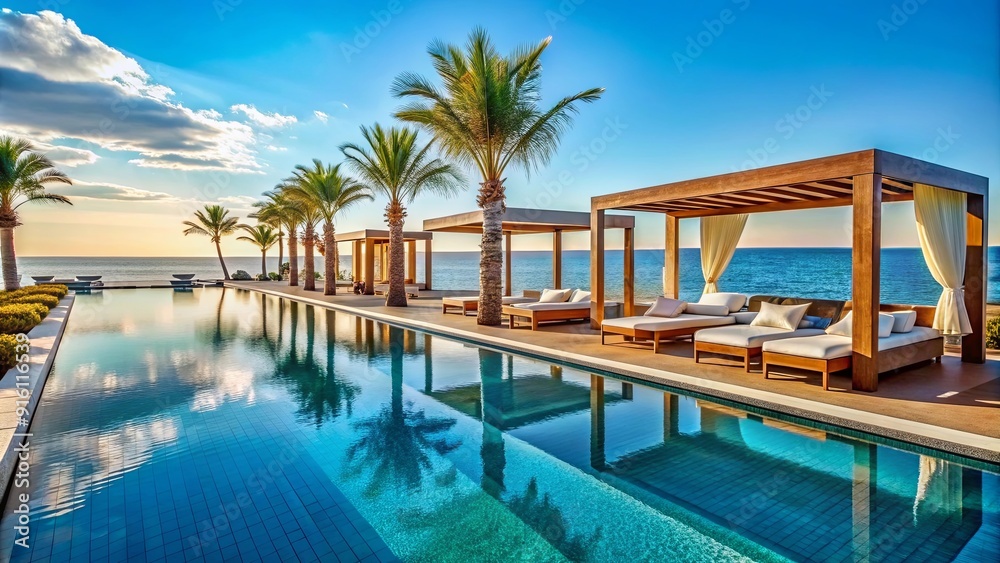 Luxurious beachfront hotel with infinity pool and private cabanas overlooking the crystal clear Mediterranean Sea, Luxury Luxurious beachfront hotel with infinity pool and private cabanas overlooking the crystal clear Mediterranean Sea, Luxury
