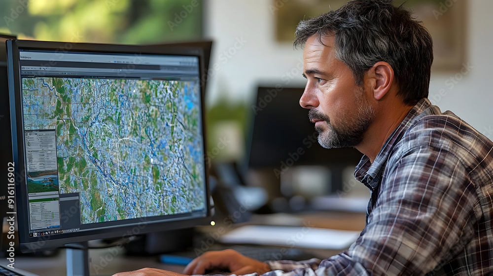 Man looking at a computer screen with a map displayed. Man looking at a computer screen with a map displayed.