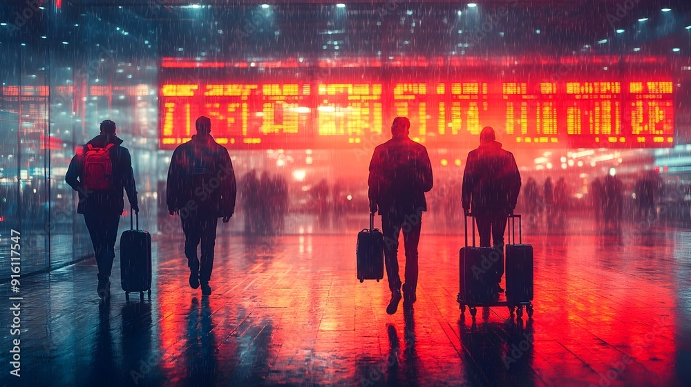 Commuters Navigate Bustling Airport Terminal in Rainy Conditions