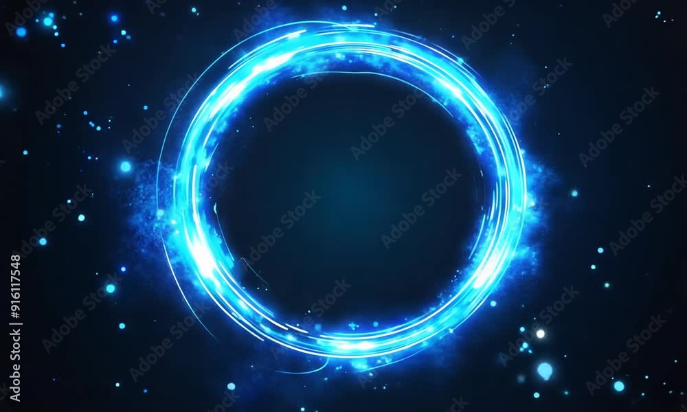 Abstract blue neon circle with glowing light on dark background.