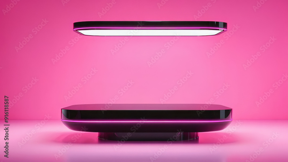 black futuristic carbon podium in a futuristic lab, pink neon colours, futuristic carbon podium with presentation space, ad, podium platform, product presentation space black futuristic carbon podium in a futuristic lab, pink neon colours, futuristic carbon podium with presentation space, ad, podium platform, product presentation space