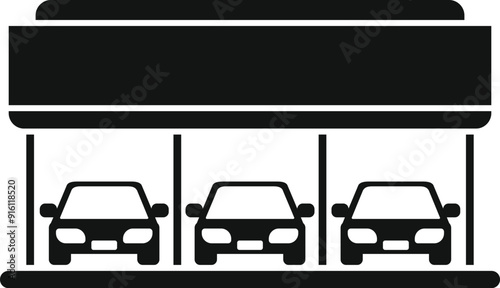 Simple vector icon of a car dealership with three cars parked in front